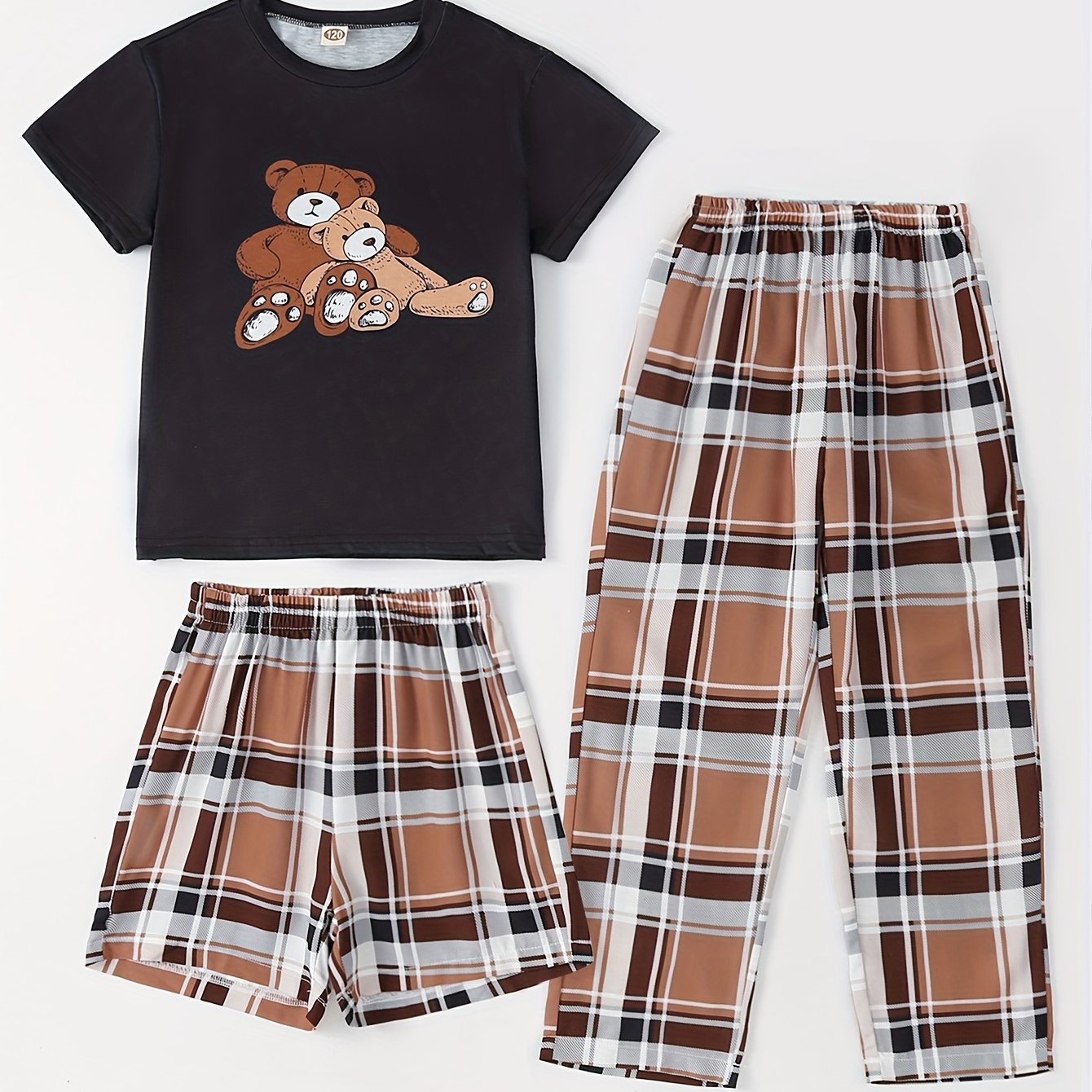 Girls Bear Graphic Pajamas Set, Crew Neck T-Shirt & Plaid Shorts