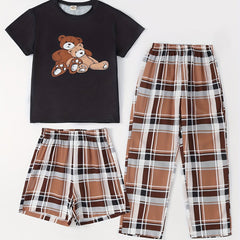 Girls Bear Graphic Pajamas Set, Crew Neck T-Shirt & Plaid Shorts