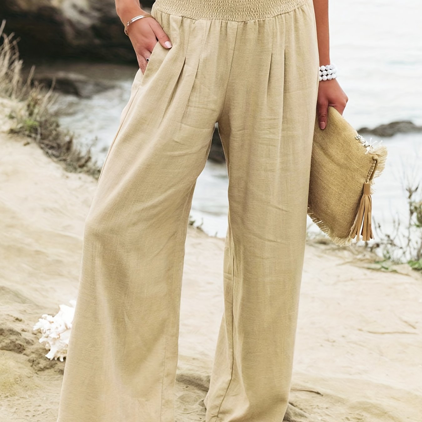 High Waist Wide Leg Pants Solid Beach Casual Pants