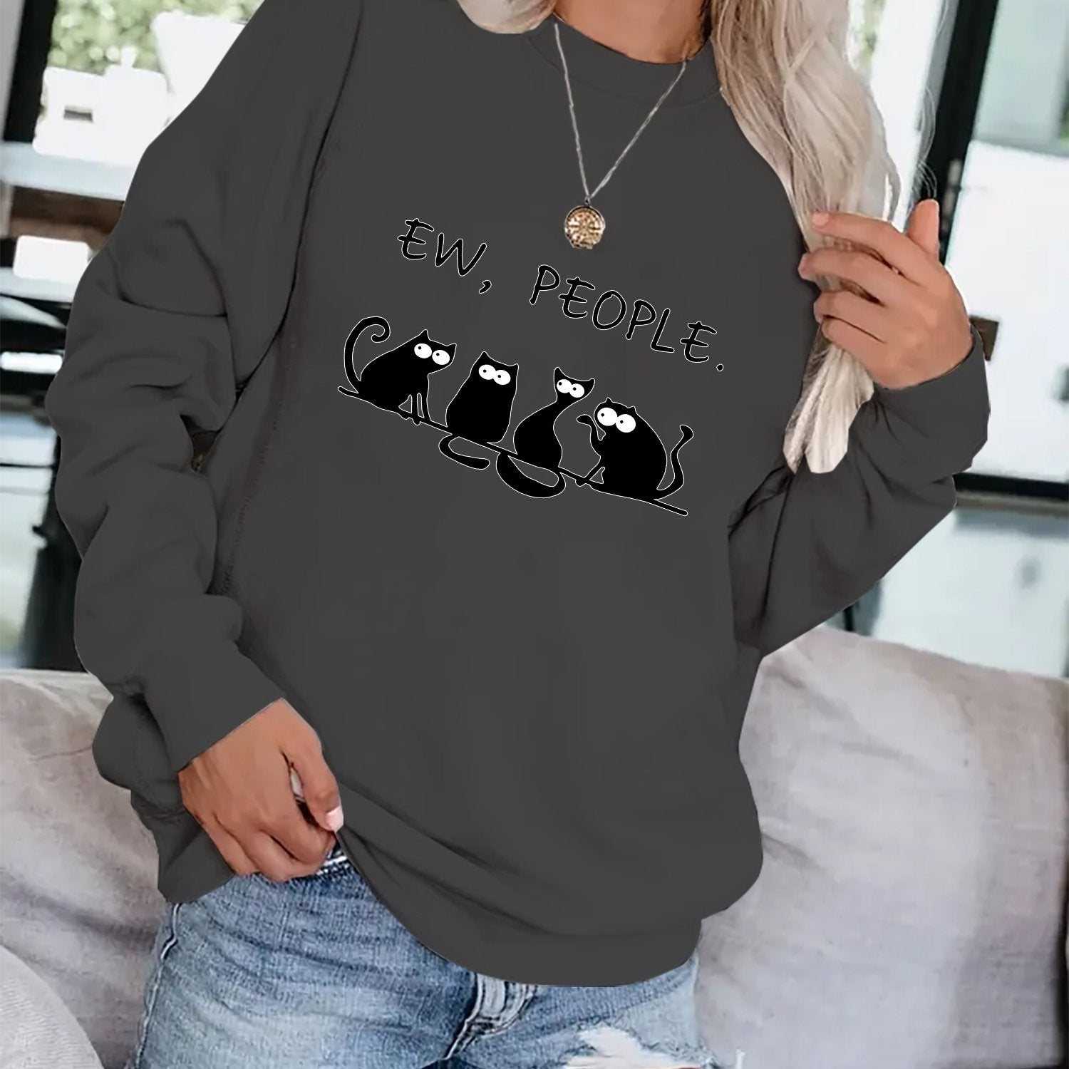 Cat & Letter Print Crew Neck Sweatshirt for Fall & Winter