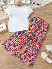 Girl's 2pcs T Shirt & Pleated Wide Leg Pants Set Anime Print Top Casual Outfits