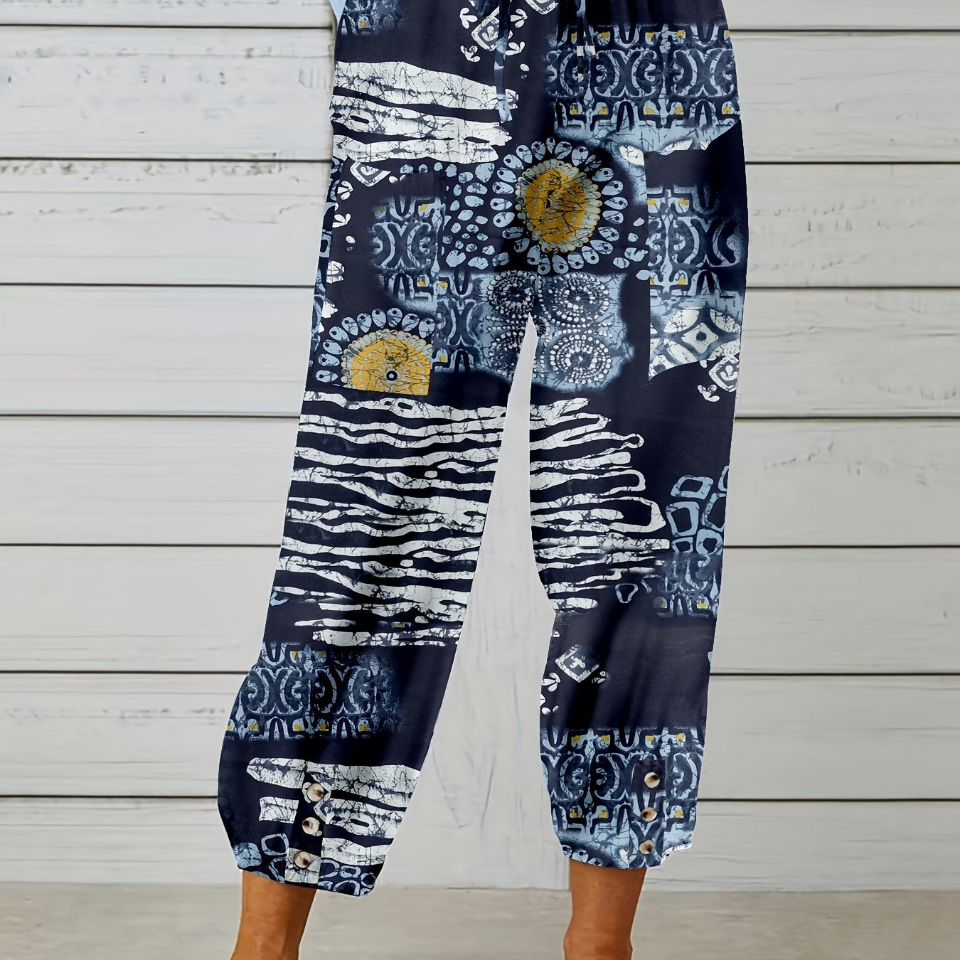 Abstract Print Cropped Pants Casual Drawstring Elastic Wais Pants