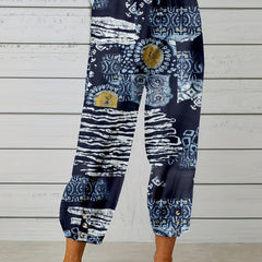 Abstract Print Cropped Pants Casual Drawstring Elastic Wais Pants