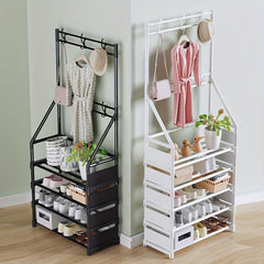 Minimalist Clothes Rack & Shoe Stool w/Metal Frame & 8 Hooks