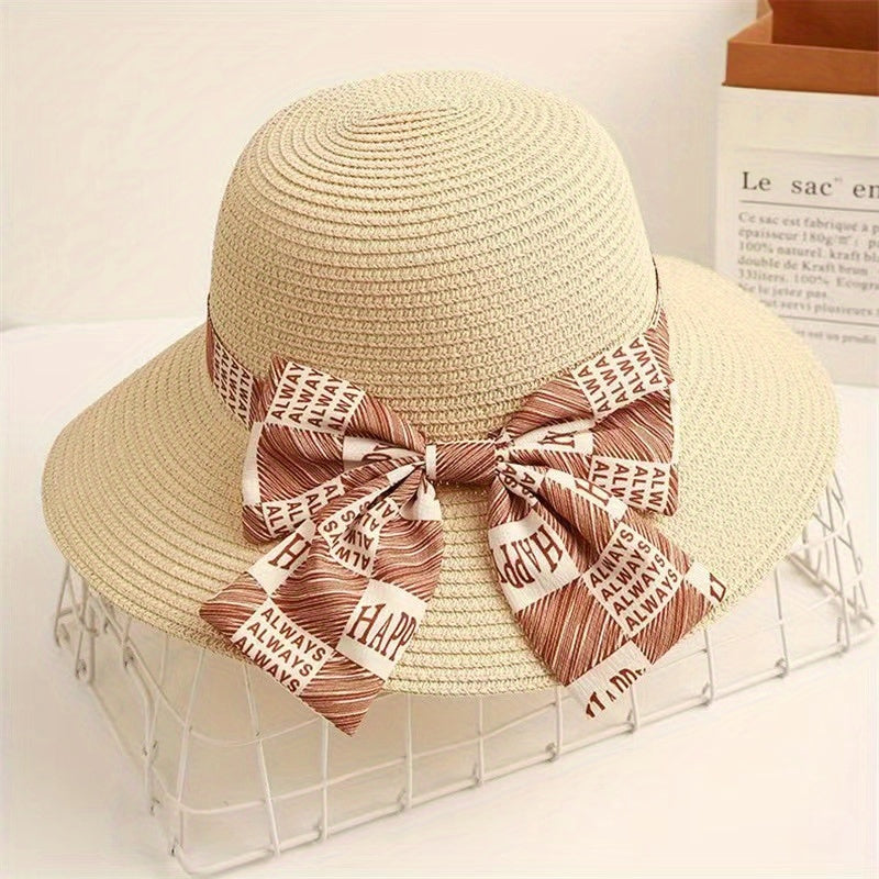 Graffiti Bowknot Sun Hat Wide Brim UV Protection Straw Hat for Women
