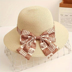 Graffiti Bowknot Sun Hat Wide Brim UV Protection Straw Hat for Women