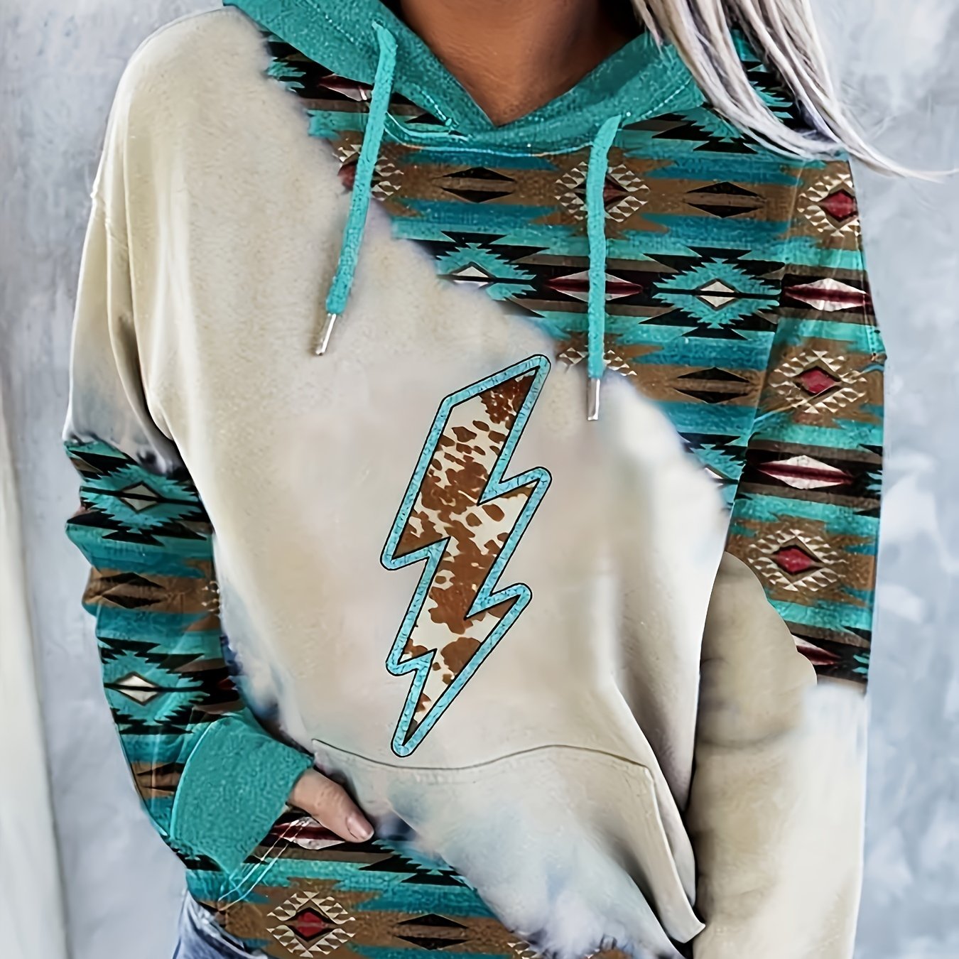 Ethnic Print Kangaroo Pocket Hoodie Women's Sweatshirt