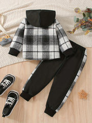 Plaid Pattern Boy's 2pcs Hooded Shirt & Sweatpants Set