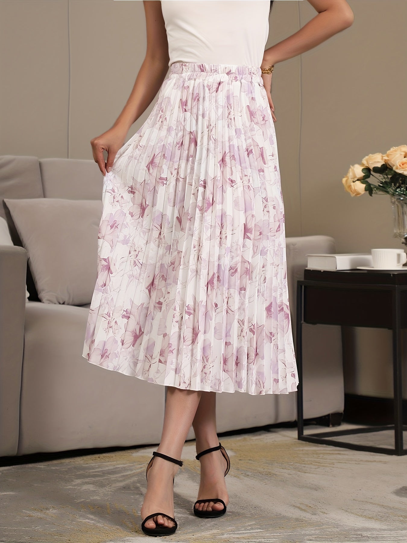 Graphic Print Pleated Skirts High Waist Versatile Skirts Women's Clothing
