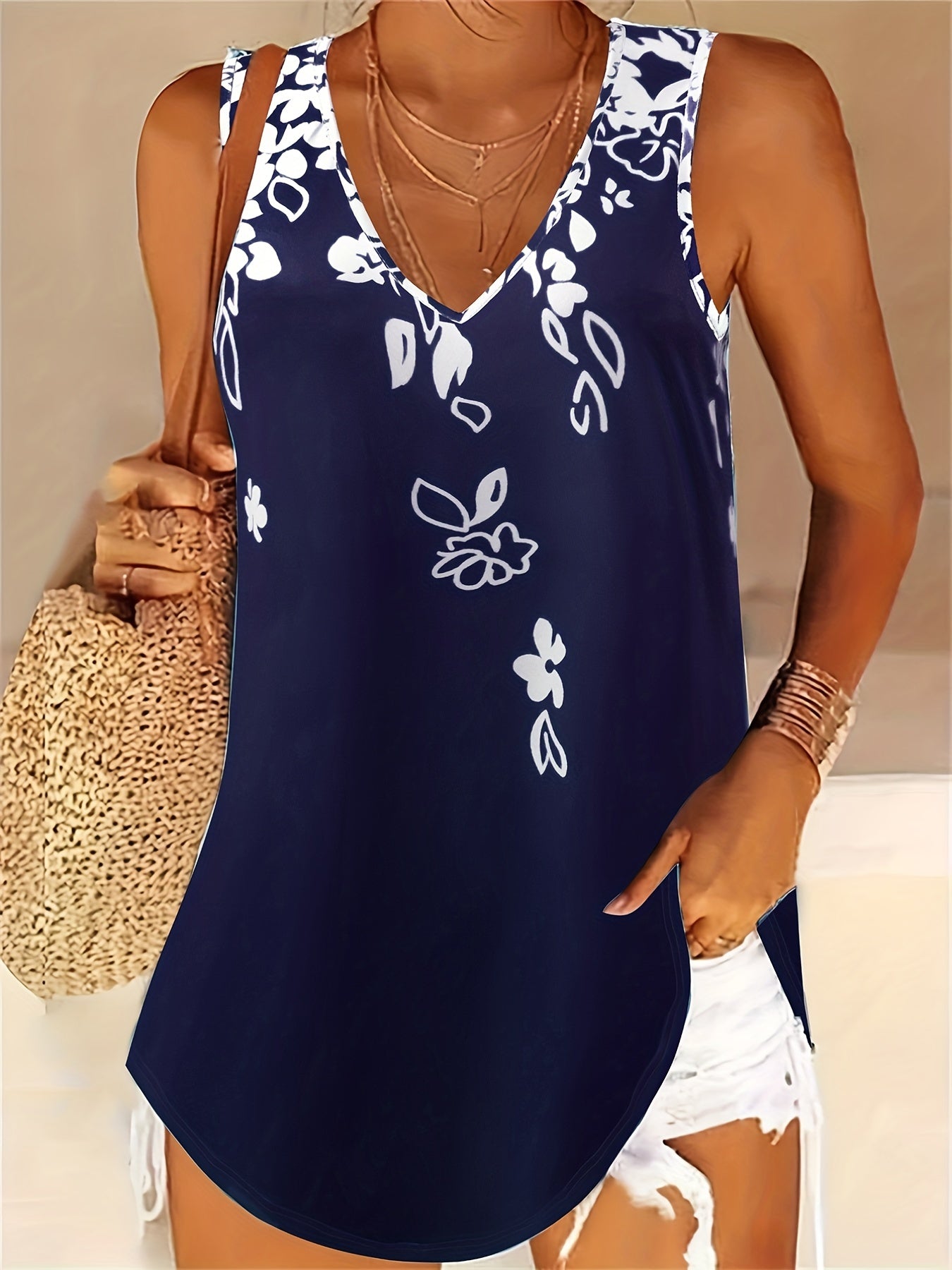 Floral Print V Neck Tank Top Women's Sleeveless Summer Casual Wear