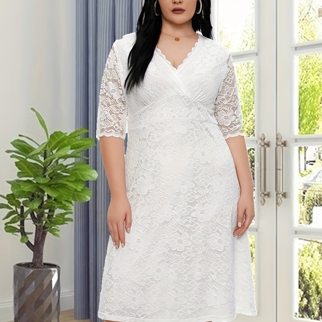 Floral Jacquard Trim Half Sleeve Slim Fit Formal Dress
