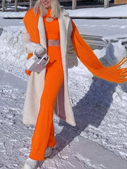Solid Casual Two piece Set Hollow Out Long Sleeve Tops & Wide Leg Pants