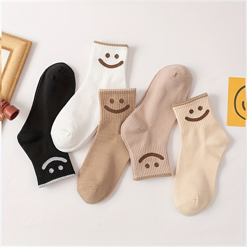 5 Pairs Smiling Print Crew Socks for Women