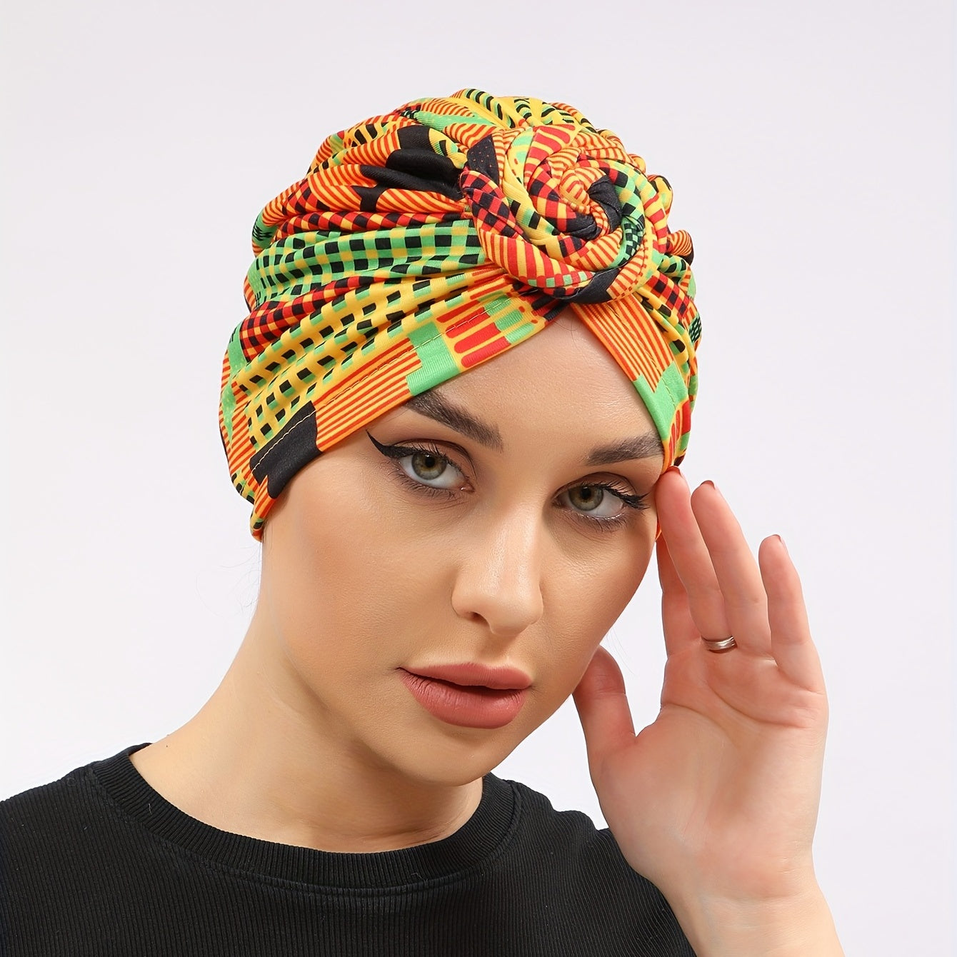 Geometric Plaid Print Turban Colorful Head Scarf Women Casual Ramadan Head Wrap