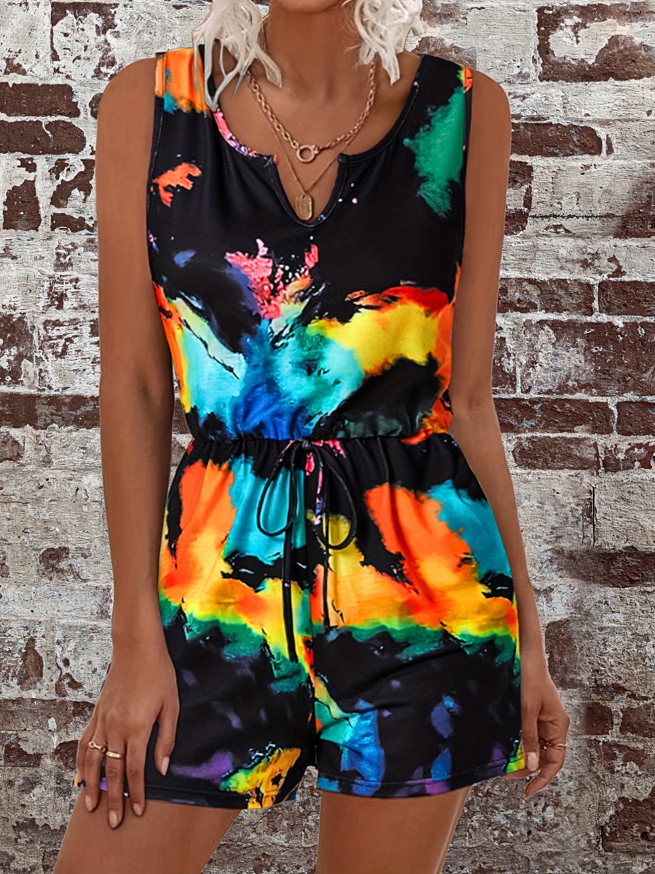 Tie Dye Drawstring Waist Romper Jumpsuit Casual Sleeveless