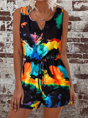 Tie Dye Drawstring Waist Romper Jumpsuit Casual Sleeveless