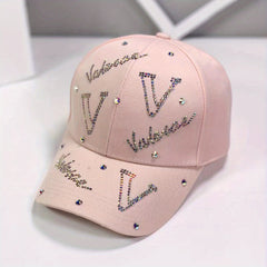 Pink Rhinestone V Decor Baseball Cap Adjustable Dad Hat