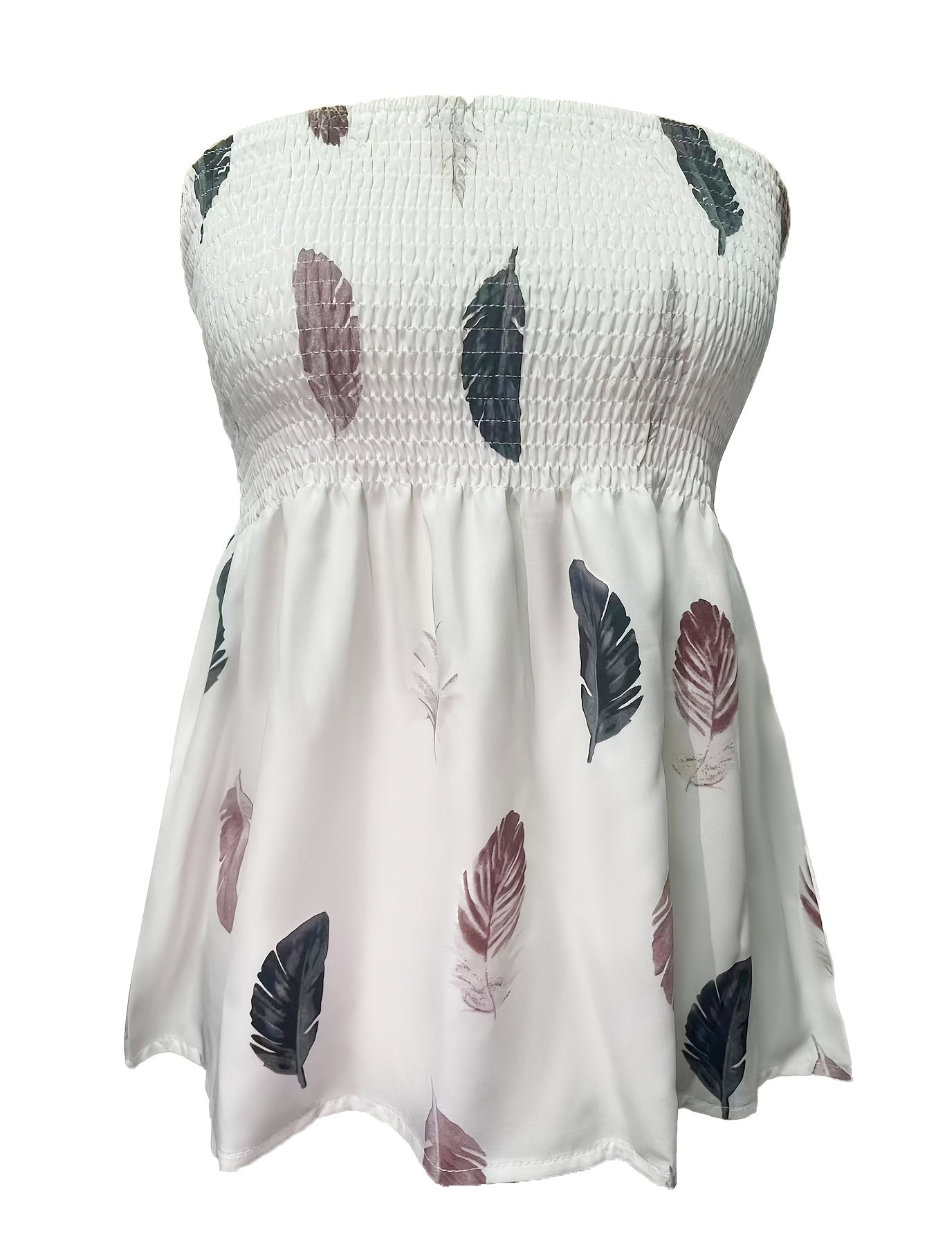 Feather Print Bandeau Cover Up Shirred Beachwear Tube Top