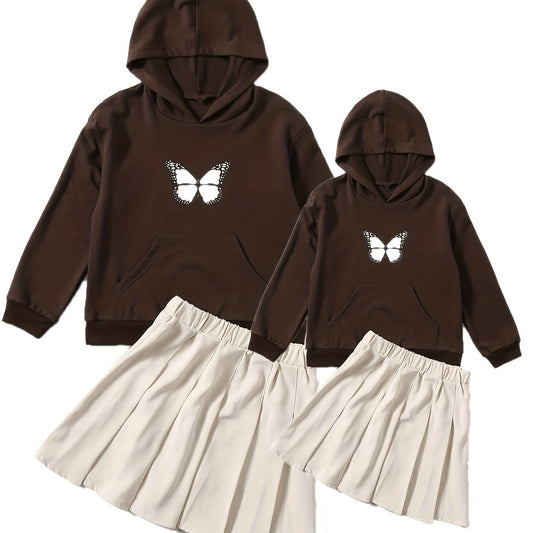 Mother Daughter Butterfly Graphic Hoodie & Skirt Set