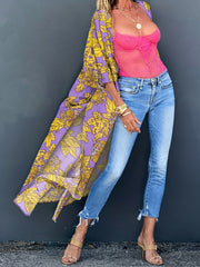 Purple Floral Pattern 2 Pc Swimsuit & Cover Up Set
