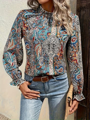 Boho Blouse Women's Paisley Floral Print Ruffle Trim Sleeve