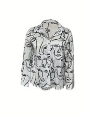 Casual Blouse Women's Plus Print Button Up Roll Up Sleeve Blouse