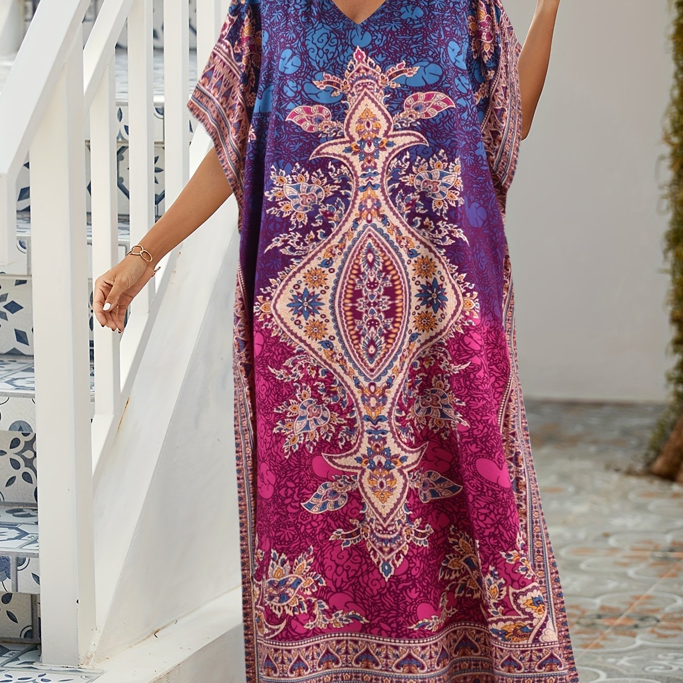 Boho Kaftan Dress Women's Tribal Print V Neck Maxi Beachwear