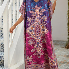 Boho Kaftan Dress Women's Tribal Print V Neck Maxi Beachwear