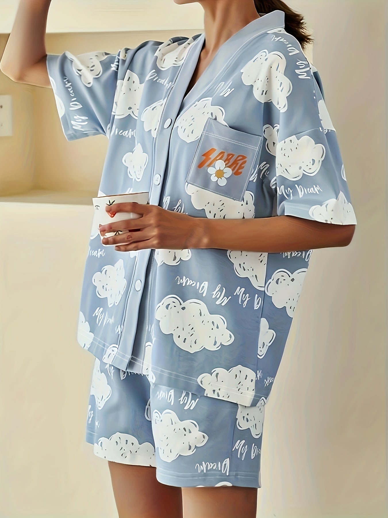 Cloud Print Lounge Set Short Sleeve Buttons Top & Elastic Waistband Shorts
