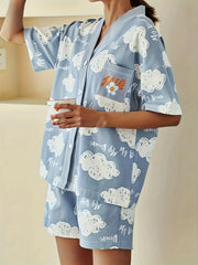 Cloud Print Lounge Set Short Sleeve Buttons Top & Elastic Waistband Shorts