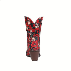 Women's Rose & Skull Print Cowgirl Boots Chunky Heel Slip On Western Boots