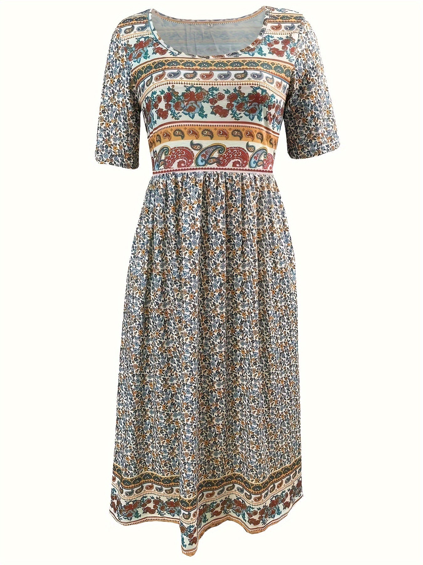 Boho Floral Print Ruched Dress with Pockets