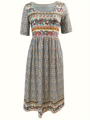 Boho Floral Print Ruched Dress with Pockets