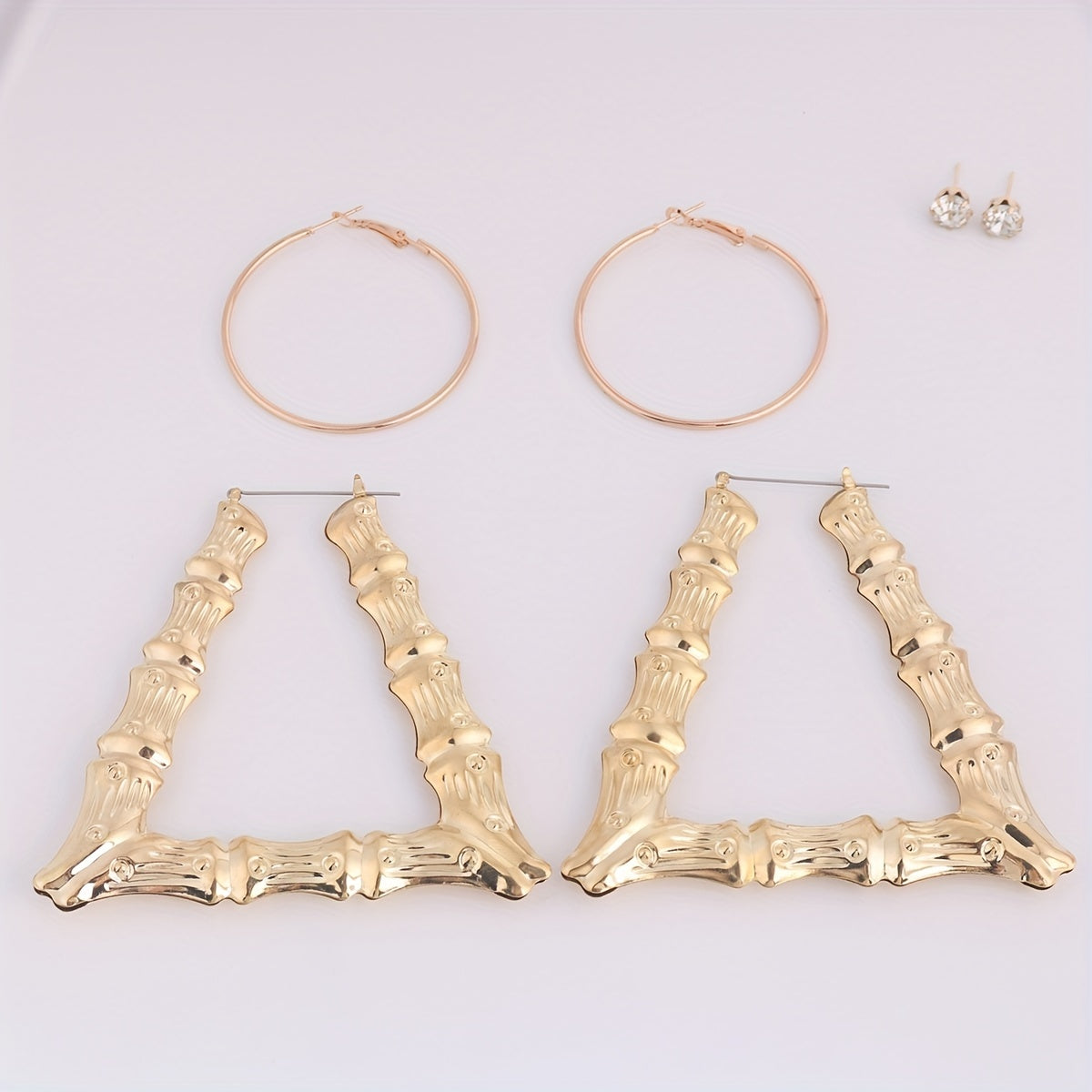 Exaggerated Golden & Silver Bamboo Earrings Set