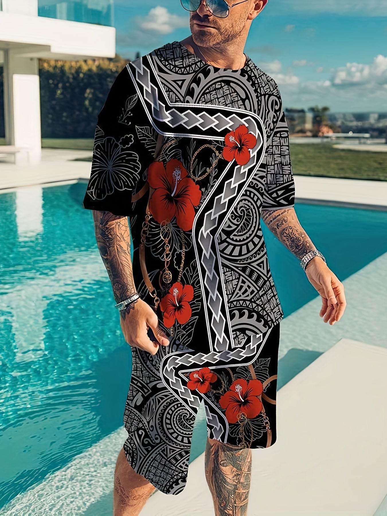 Letter And Stripe Print Mens 2 Piece Outfits T-shirt And Shorts Set