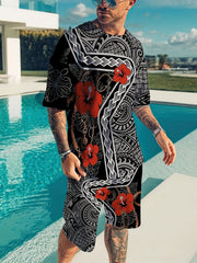 Letter And Stripe Print Mens 2 Piece Outfits T-shirt And Shorts Set