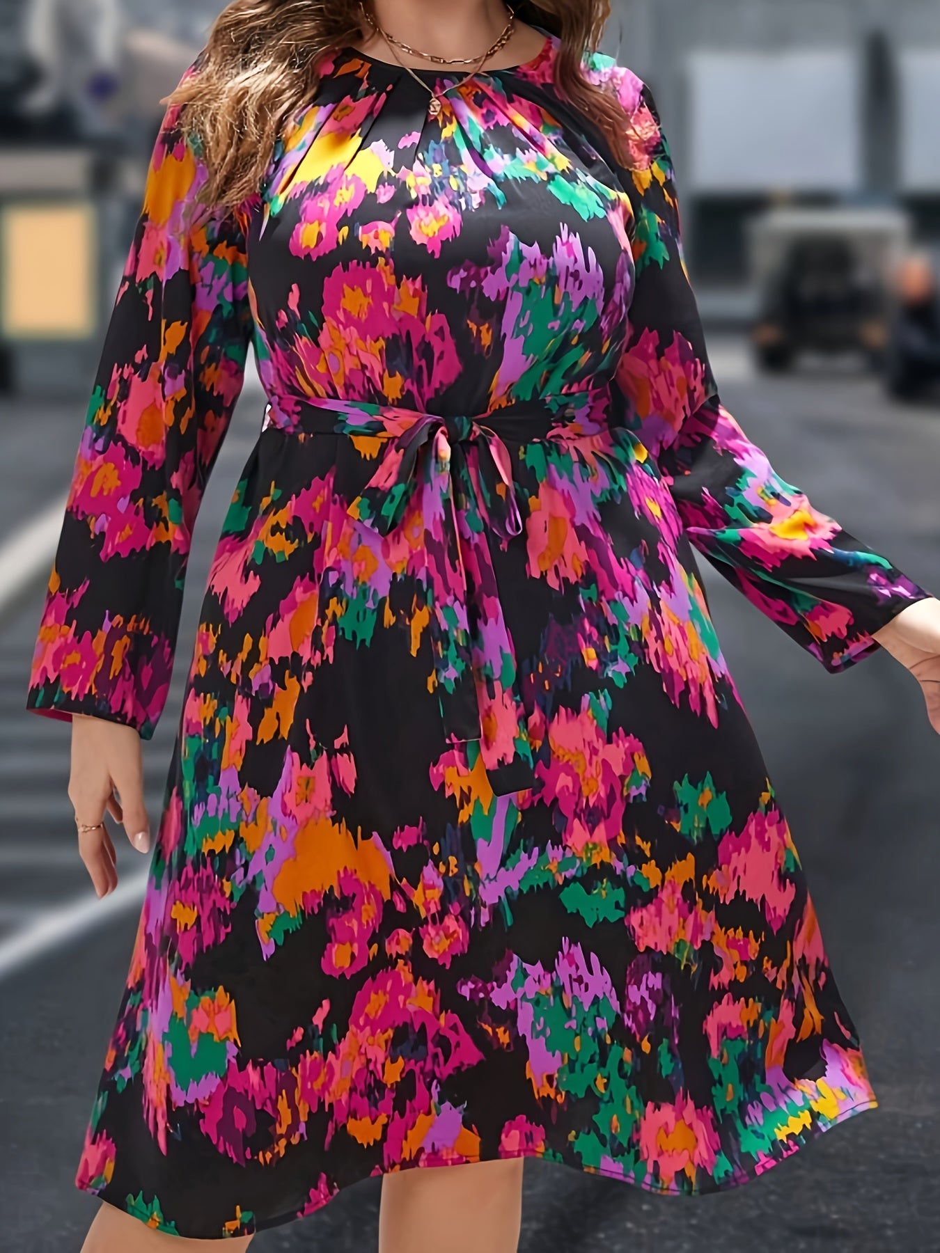 Boho Dress Women's Plus Tie Dye Long Sleeve Round Neck Midi Dress