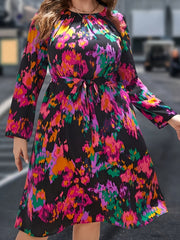 Boho Dress Women's Plus Tie Dye Long Sleeve Round Neck Midi Dress
