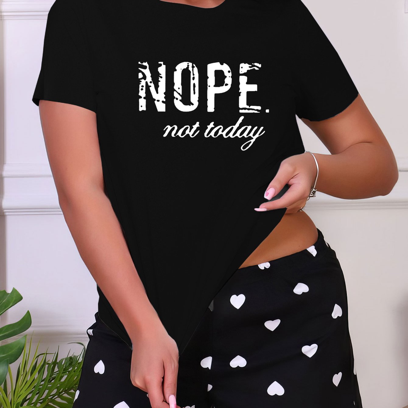Letter Print Sleep Tops Short Sleeve Crew Neck Top Women's Pajamas