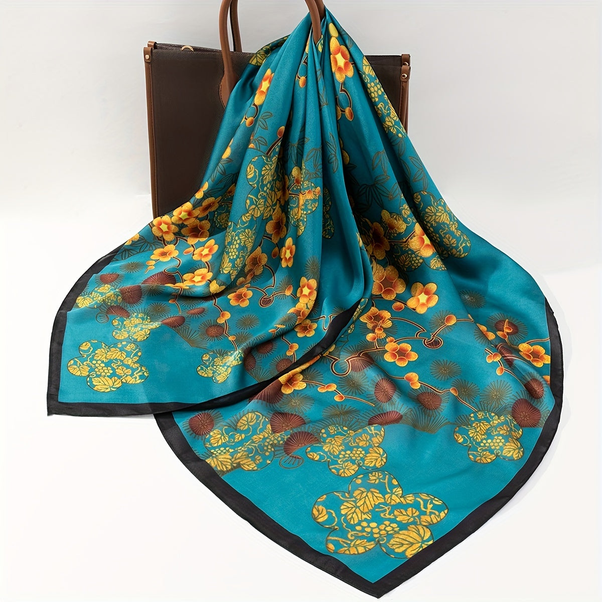 Golden Plum Blossom Print Bandana Vintage Shawl Satin Large Square Scarf