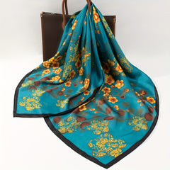 Golden Plum Blossom Print Bandana Vintage Shawl Satin Large Square Scarf