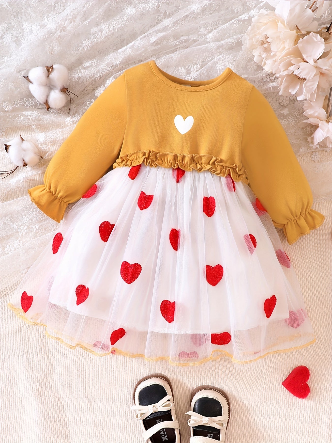 Sweet Heart Dress For Toddler Baby Girls Long Sleeve Mesh Tulle Stitching