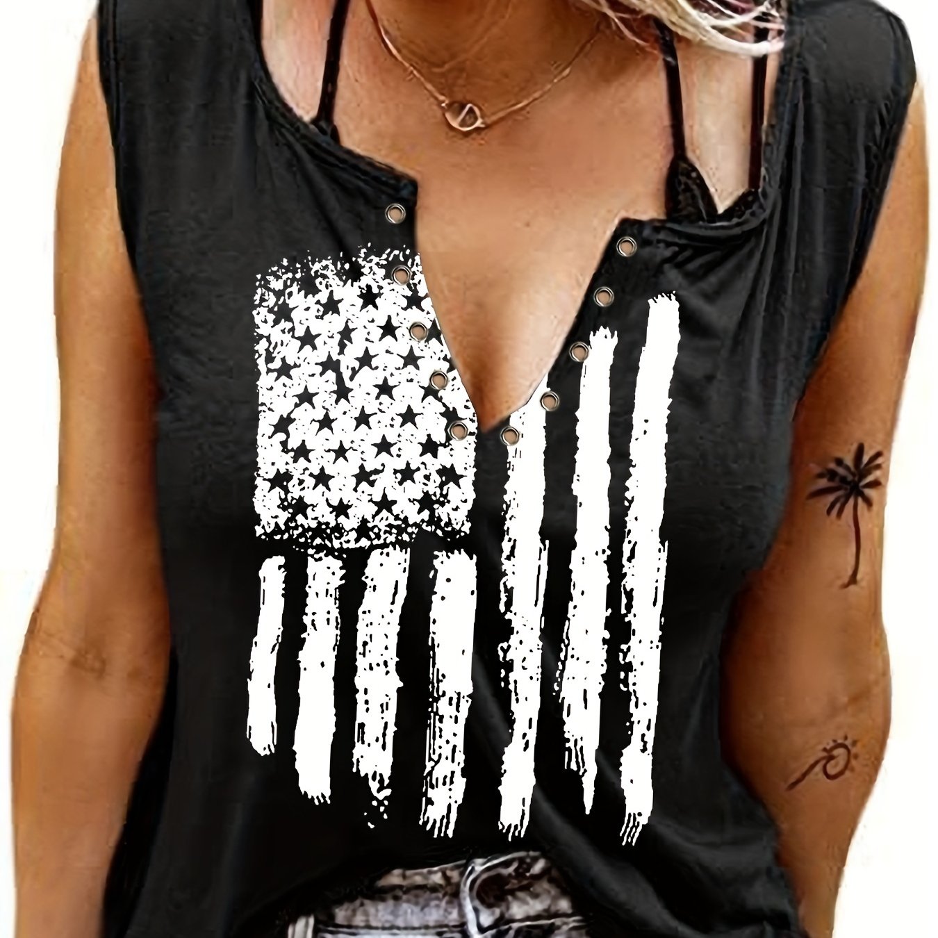 American Flag Print Tank Top Sleeveless Crew Neck Women's Clothing