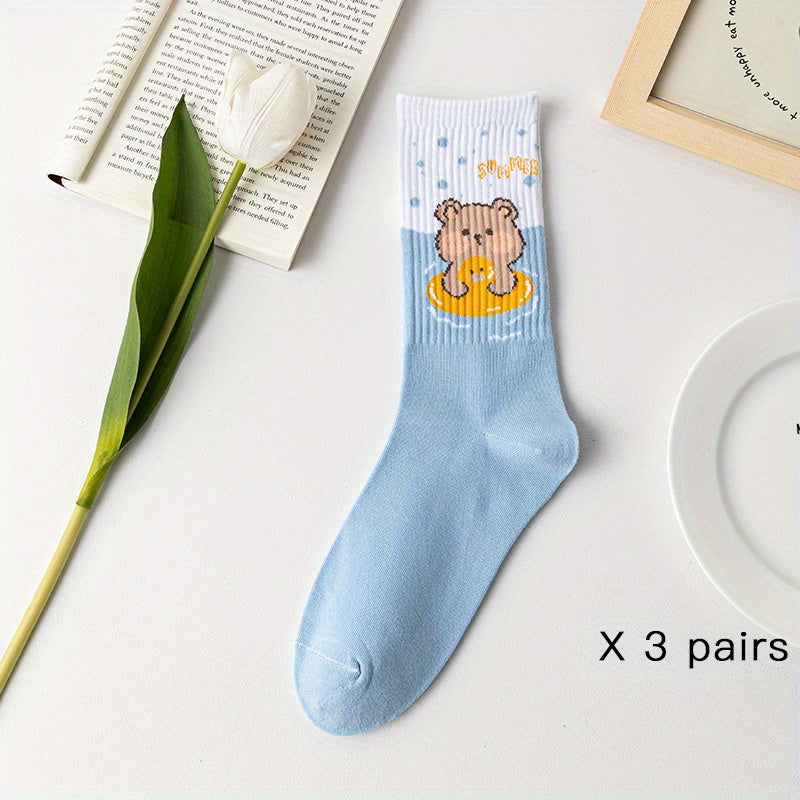 3 Pairs Bear & Heart Print Socks Comfy Women's Stockings