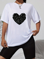 Short Sleeve Sports T-shirt Crew Neck Heart Print Women's Tee