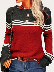 Block Boat Neck Knitted Top Long Sleeve Pullover Sweater