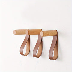 Wooden Hook w/ PU Leather Strap Wall Hook Coat Hanger