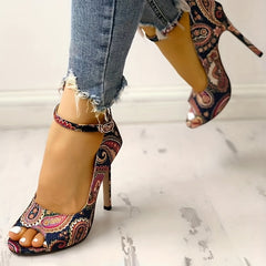 Retro Flower Stiletto Heels Peep Toe Buckle Pumps Summer
