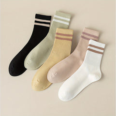 5 Pairs Striped Crew Socks Comfy & Breathable Women's Mid Tube Stockings