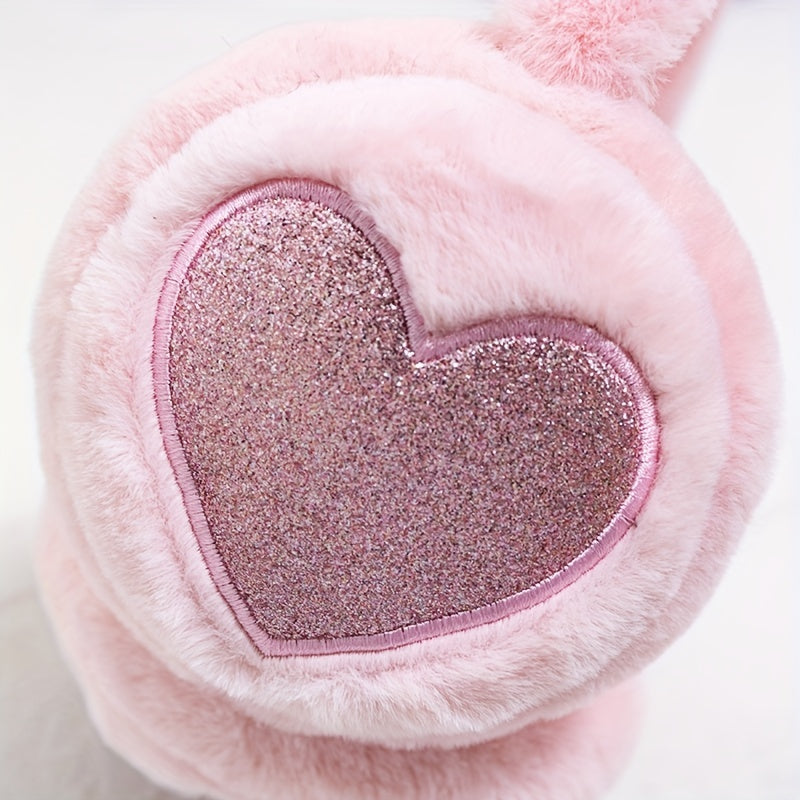 Sequin Peach Heart Cat Ears Earmuffs Plush Winter Warm Ear Cover